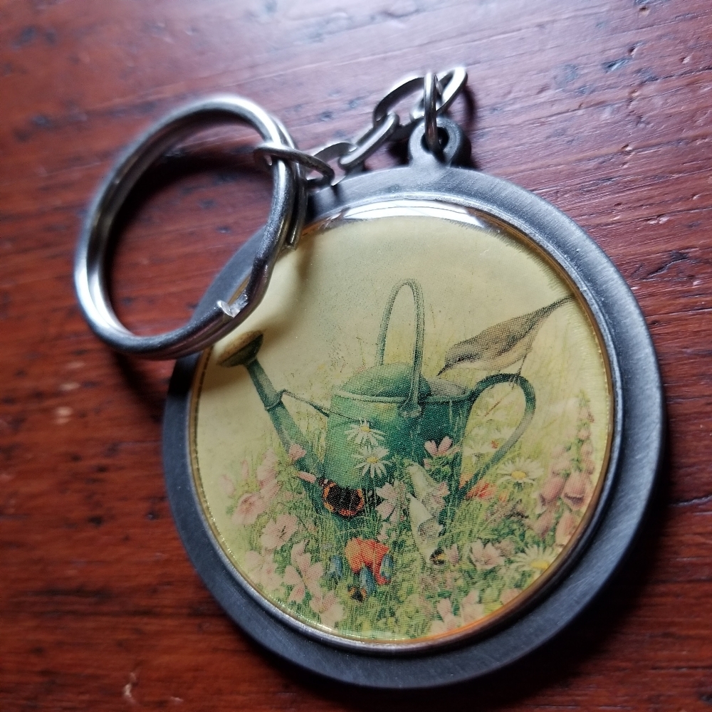 VTG Marjolein Bastin Keychain Bag Charm Pewter Enamel Gardening Watering Can